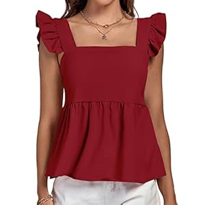 LYANER Women's Ruffle Strap Sleeveless Square Neck Summer Tank Top Peplum Blouse Wine Red Small