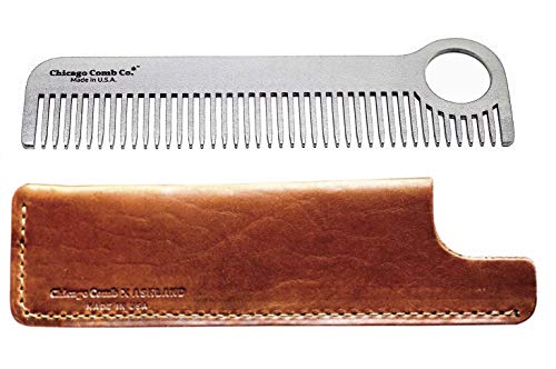 Chicago Comb Model 1 Stainless Steel + Horween Tan Leather Sheath, Made in USA, Smooth, Durable, Anti-Static, 5.5 in. (14 cm) Long, Medium Tines, Ultimate Daily Use & Pocket Comb, Gift Set