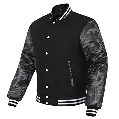 Men's Varsity Jacket Camo Genuine Leather Sleeve and Wool Blend Letterman Boys College Varsity Jackets XXS-5XL
