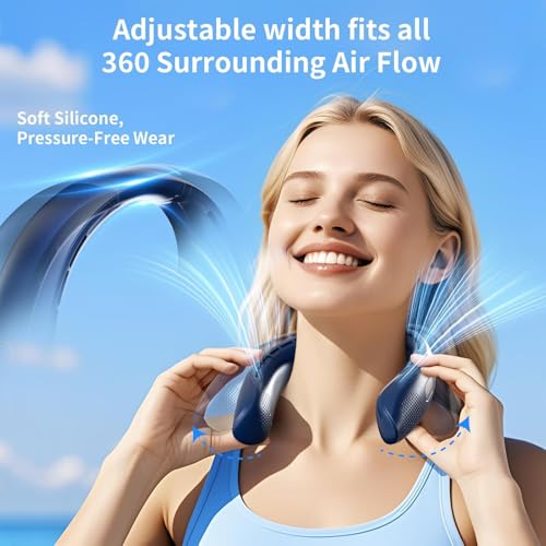 Image of VEKK Neck Fan, Portable Bladeless Fan, 6000mAh Battery USB Rechargeable, LED Display, 360 Cooling Wearable Personal Fan, 3 Speeds, Quiet, Hands Free Neck Fans for Travel, Outdoor, Camping- Blue