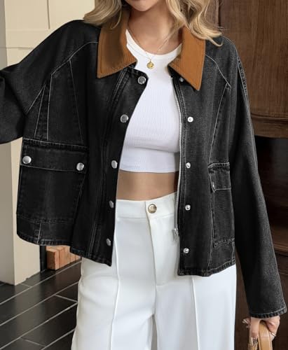 Cicy Bell Womens Cropped Denim Jackets Patchwork Corduroy Collar Barn Jean Jackets Snap Button Coat with Pockets2
