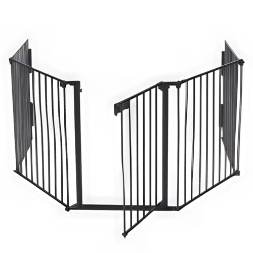 Bxzzuis フェンス、 ドア付、 折りたたみ可能 、5面セット 、 自由に組み合わせ、金属、自立式 レイアウト、玄関 、階段 、室内 、子ども、 ペット 用 (ブラック)