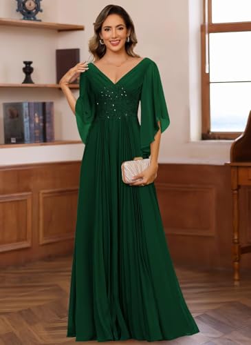 Women's Chiffon Mother of The Bride Dresses 3/4 Sleeve V Neck Lace Appliques Formal Dress VS2513