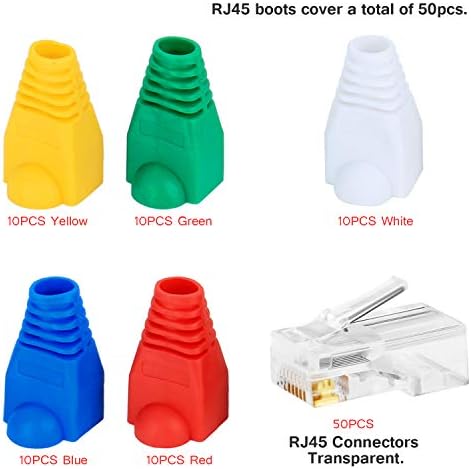 Aussel 50PCS RJ45 Connector Network Cable Crimp Ends Plug Transparent 8P8C Ethernet Crimp Connector with 50PCS RJ45 Boots Cover Total 100PCS (Style 4)