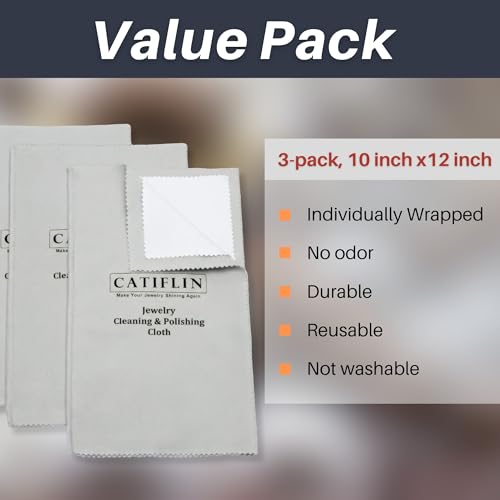 Image of CATIFLIN 3pcs Multi-Layer Jewelry Cleaning Cloth, Large Silver Polishing Cloth, 100% Cotton Jewelry Polishing Cloths for Gold, Silver and Platinum Jewelry (Light Gray, 10 inchX12)