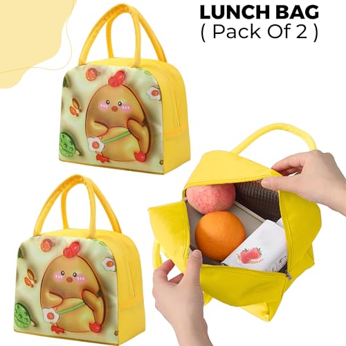 Image of Kraptick Printed Lunch Bag - Insulated Travel Tiffin Bag for Kids & Adults, Reusable Lunch Bag for Office, School Meal Organizer (Yellow Cute Chicke) (Pack of 2)