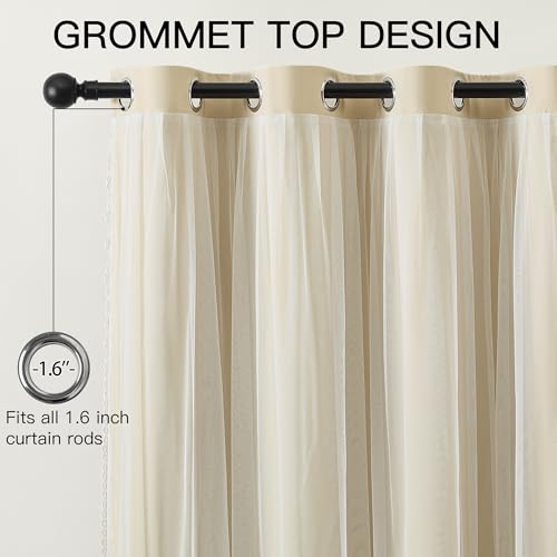 Image of XiDi Beige Curtains with Sheer Overlay for Bedroom 100% Blackout Curtains 84 Inches Long for Living Room 2 Panels Light Block Soundproof Mix and Match Double Layer Window Drapes Grommet W52 x L84