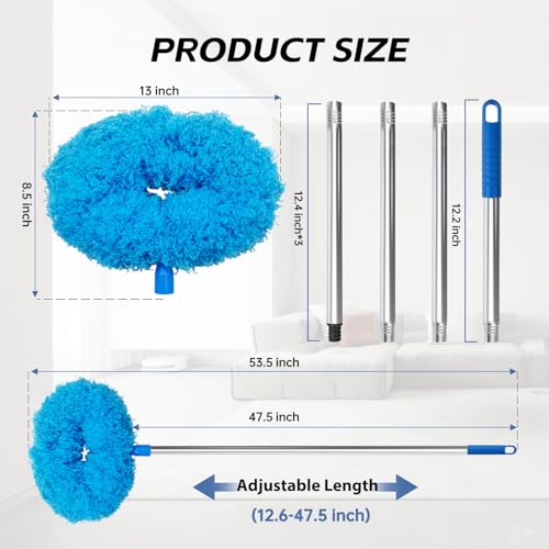 Image of DRQ Ceiling Fan Cleaner Duster, Reusable Microfiber Duster with Extension Pole, 13 to 48 Inch Fan Blade Cleaner, Removable Dusters for Cleaning Walls Bookshelves Door Window Top (Blue)
