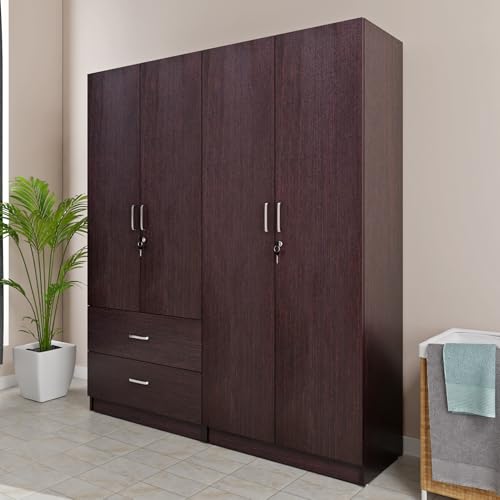 Image of VIKI Wardrobe | Wooden Almirah for 4 Door 2 Drawer with Shelves & Hanging Space Wardrobe (Dark Wenge - 40D x 160W x 180.8H) | 1 Year Warranty | Free Assembly