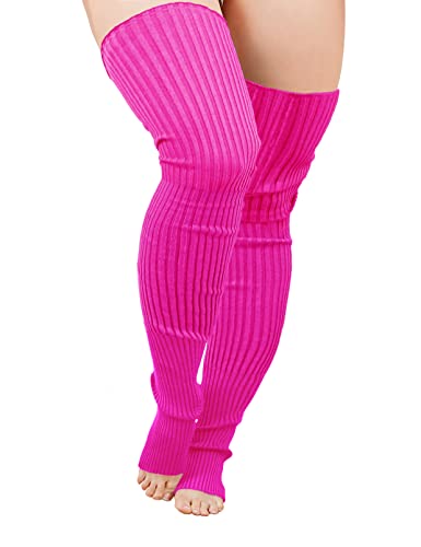 v28 Plus Size Knit Leg Warmer Women Thick Thigh High Boot Extra Long Large Socks(Plus Size- Hotpink)