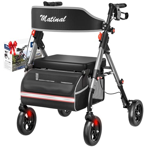 Matinal Walkers for Seniors, Rollator Walker with Seat, Walkers for Seniors with seat, 350 lb Capacity,with 8'' Big Wheels, Rolling Walker (Silver)