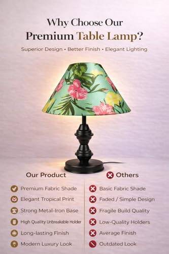 Image of tu casa Modern Table Lamp with Crimson Floral Satin Shade | Metal Iron Base Decorative lamp for Living Room| Designer Table Lamp for Gifting (Blush Botanica)
