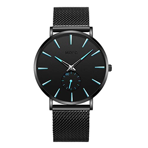 Preisvergleich Produktbild Herren Uhr schwarz Armband aus Stahl rostfrei wasserdichte Armbanduhr ultradünnes Ziffernblatt Schlichtes Design - Männeruhr (Blau)