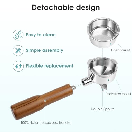 Image of 51mm Portafilter with 2 Spouts Compatible For CASABREWS CM5418, 3700 Series, Gevi, Mr. Coffee Espresso and Cappuccino Machine, 3 Ears Thickness 4mm, Rosewood Handle