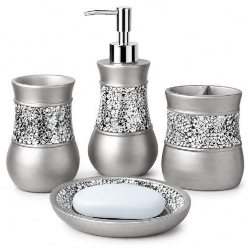 Image of Creative Scents 4 Pc. Resin Bathroom Accessory Set | Silver Crackled Glass | Includes Soap Dispenser, Toothbrush Holder, Tumbler Cup and Soap Dish