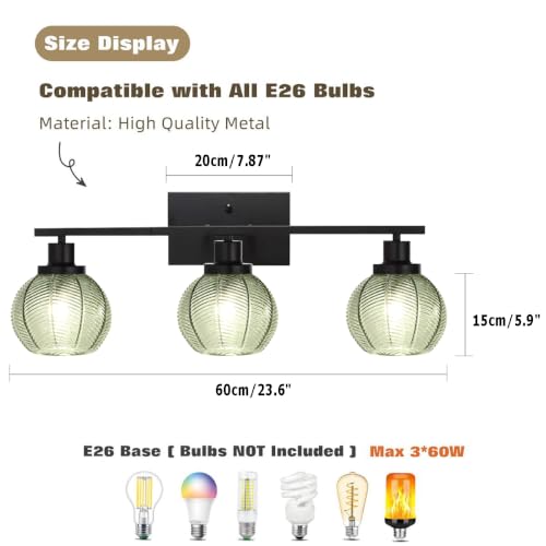 Image of Farmhouse 3-Light Sage Green Glass Vanity Wall Light Fixture | Industrial 3-Light Sage Green Ribbed Globe Wall Sconce, E26 Lighting For Laundry, Powder Room, Hallway