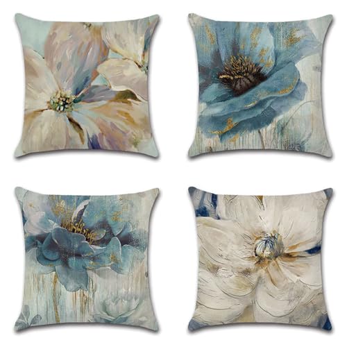 Housse coussin 45x45 cm lot de 4 fleurs en lin avec fermeture éclair bohème - 2