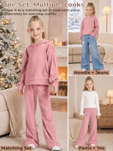 Image of Girls 2 Piece Hoodie Bell Bottom Sweatsuit Fall Outfit Set | Long Sleeve,front pocket,side-slit flare,machine washable,soft rayon-blend,skin-friendly,stretchy,durable
