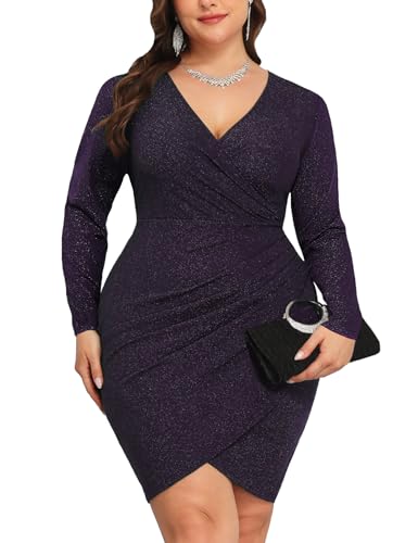 Image of CYCLAMEN 1X-4X Plus Size Sparkle Glitter Ruched Bodycon Mini Wrap Dress Sparkly Sequin Dresses Ruffle Sleeve Party Cocktail