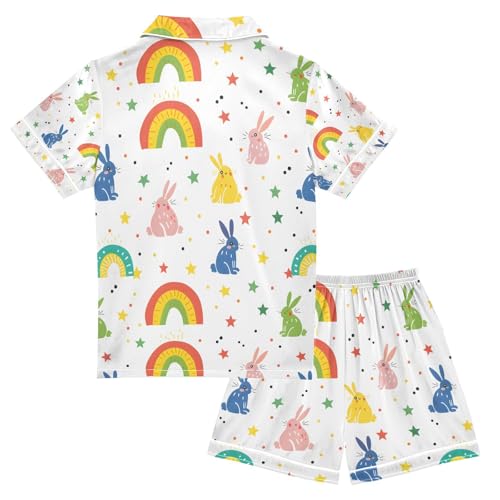 senya Cloorful Rabbit with Rainbow Satin Summer Pajama Sets Silk Short Sleeve Button Down Sleepwear2