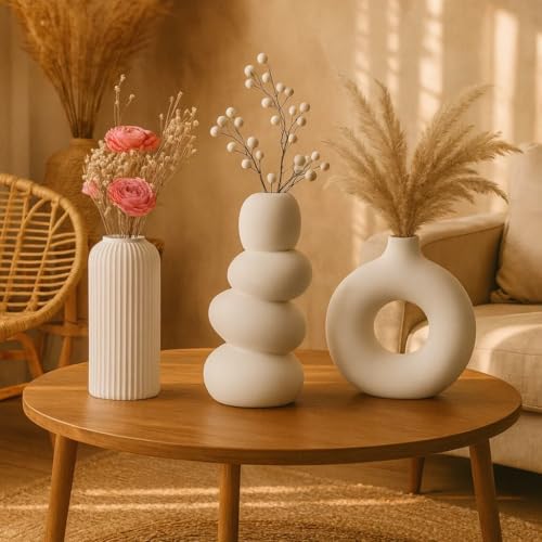 Image of SPHINX Set of 3 Modern White Ceramic Vases - Ribbed Cylinder, Pebble Stack, Donut Shape - Minimalist Home Decor Flower Vases for Pampas Grass, Living Room Table Centerpiece, Shelf Decor