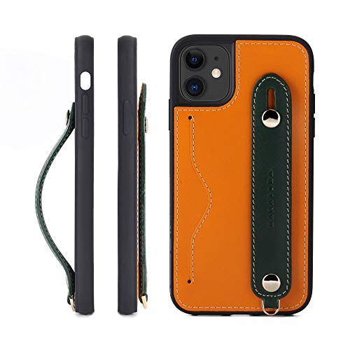 IPhone 11 グリップケース レザー 本革 ストラップ付属 イタリア製牛革 ヌメ革 片手操作 カード収納 スタンド機能 メンズ レディース オレンジ/グリーン