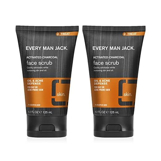 Every Man Jack Activated Charcoal Oil and Acne Defense Face Scrub for Men - Exfoliate Away Dry, Dead Skin, Prep For a Clean Shave, and Deep Clean to Remove Dirt and Oil with Natural Jojoba Beads - 4.2 oz Twin Pack