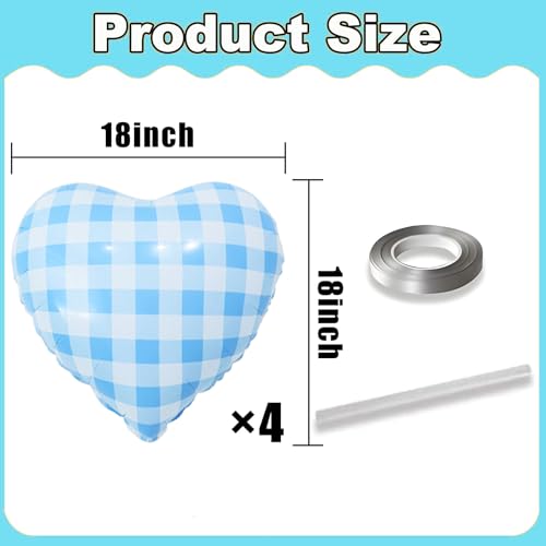 Image of 4pcs 18 inch Blue Heart Checked Balloons Striped Plaid Heart Foil Balloons for Spring Party Decorations Picnic Party Decor Love Theme Birthday Party Wedding Baby Shower Versatile Party Decor