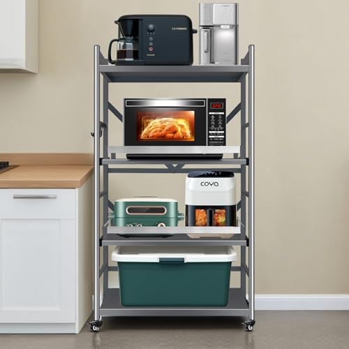 FaitLux キッチンラック スライド式棚板 レンジラック 炊飯器を開けられる 4段 幅80×奥行41×高さ125cm オープンラック 四面フェンス 省スペース 高さ調整可能 キッチン収納 組み立て簡単 大直径無音ストッパーキャスター アジャスト付き 錆
