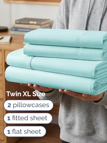 Image of Extra Deep Twin XL Sheet Set - 4 Piece Breathable Cooling Sheets - Spa Blue | Hotel Luxury Bed Sheets Set, Easy & Secure Fit, Ultra-Soft, Wrinkle & Fade Free, Comfy Sheets Set with Extra Deep Pockets