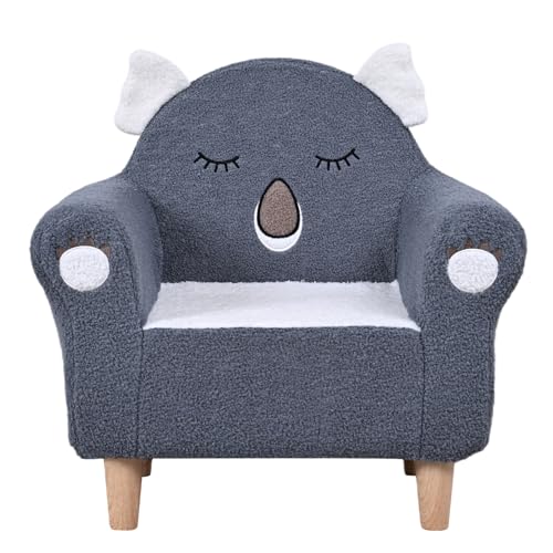 AFBKSS&BB Kid's Sofa with Embroidered Animal Motifs and Legs,Toddler Armchair with Wooden Base,Single Children's Chair for Boys and Girls. (Gray)