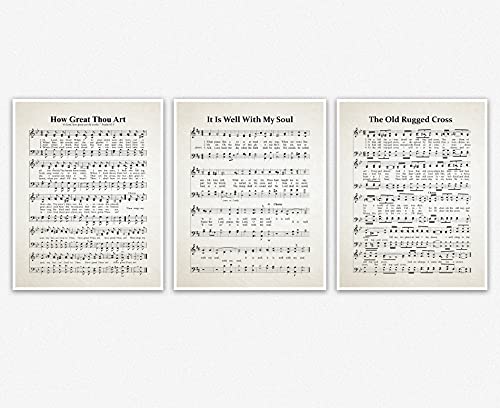 Set of 3 Hymns - How Great Thou Art, It IS Well With My Soul, The Old Rugged Cross Spiritual Wall Décor - Christian Bedroom Wall Posters/Religious Gifts for Him or Her, Home Decor (8 x 10, Ivory)