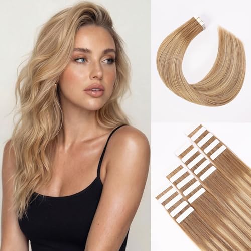 Extensiones Adhesivas Pelo Natural 20pcs Extensiones Pelo Natural 45cm Castaño Claro con Rubio Dorado Extensiones de Cabello Naturales Invisibile Cabello Humano Naturales 50g(18inch,10/10/22#)