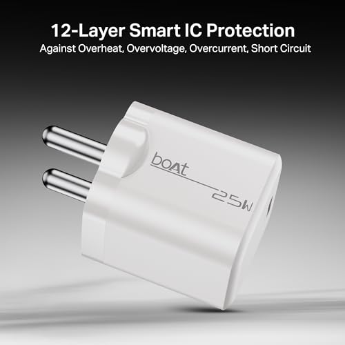 Image of Boat 25W GaN Fast Charger for Samsung, Xiaomi & Android Users with Overheat /Overcharge Protection & Auto Detection with Type C to Type C Support (White)