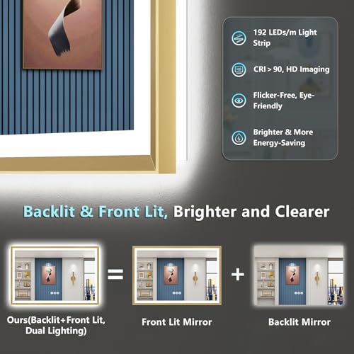Image of 66x36 Gold Beveled LED Bathroom Mirror Backlit & Front Lit Anti-Fog | Brushed Gold Framed, Anti-Fog Lighted Vanity Mirror, Dimmable, 3-Color Light, Memory, CRI95, HD Tempered Glass, UL Listed