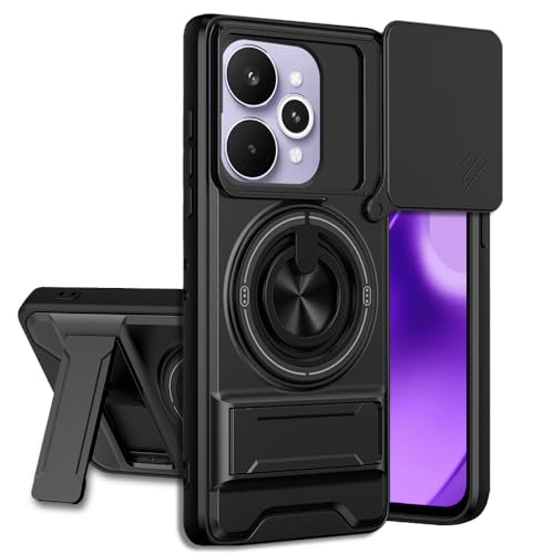 Image of Realme 15 5G / 15 Pro 5G Back Cover | Armor Camera Slider 360 Degree Rotating Finger Ring Holder Case with Bracket Stand Back Case Cover (Compatible with MagSafe Accessories) (Black)