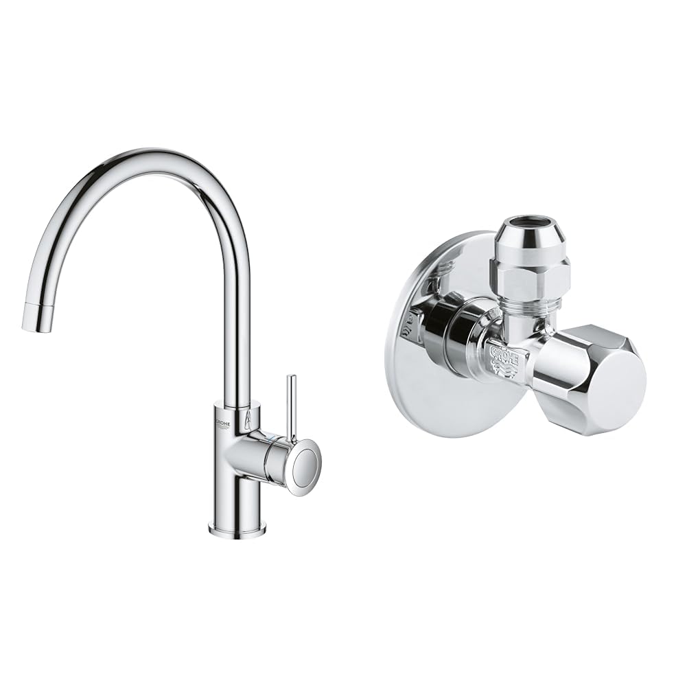 GROHE Start Classic - Einhand- Spültischarmatur & Eckventil (Wandanschluss, ergonomischer Griff, vereinfachtes Eindichten, wassergeschützte Spindelabsperrung), chrom, 22029000