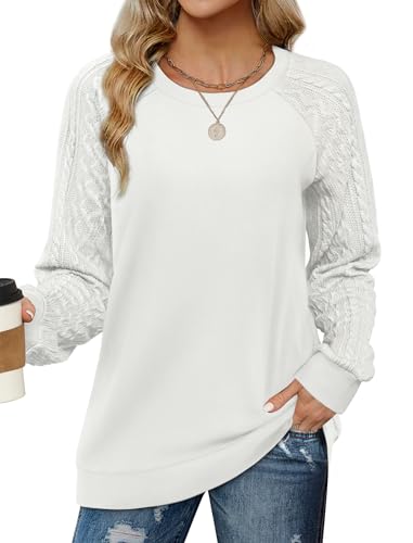 Image of Saloogoe Sweatshirts for Women Crewneck Cable Knit Sleeve Sweaters Lightweight Fashion 2025