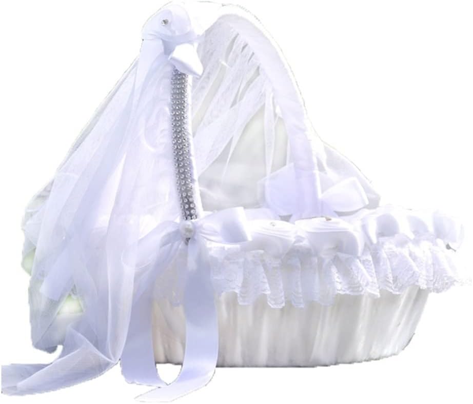 Flower Girl Basket Wedding Large White Satin Baskets Lace Bows Artificial Flowers Decor