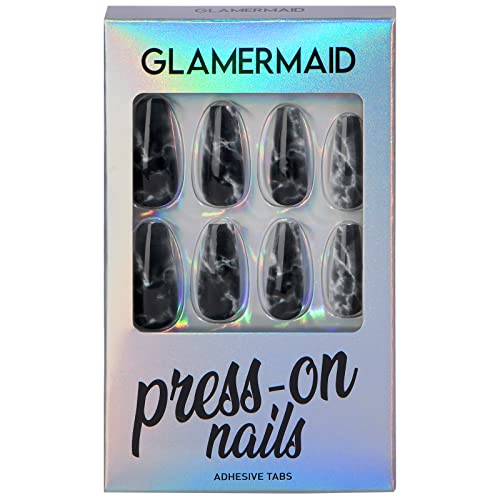 Press on Nails Medium Coffin GLAMERMAID, Black Marble Fake Nails with Design Acrylic False Nail Kits Long Stick Glue on