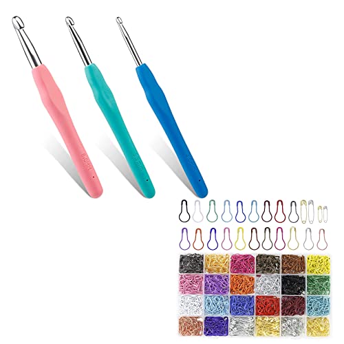 3 Sizes Crochet Hooks,1200 Pcs 22 Colors Metal Safety Pins,Ergonomic Arthritis Handle,5.5 inch Long Beginner's Knitting Needle and Color Soft Handle Smooth Knitting Needle DIY Knitting Kit for Knittin