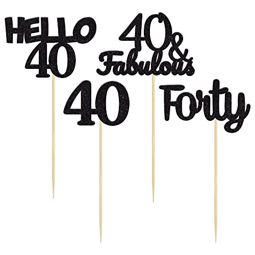 Gyufise 24Pcs Black Glitter 40th Birthday Cupcake Toppers Hello 40 Forty Cake Decorations 40 & Fabulous Cupcake Picks for 40th Birthday Cake Decorations Supplies