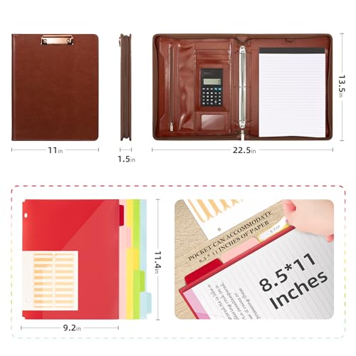 Image of Ospelelf 3 Ring Binder Portfolio Folder with Zipper- Leather Padfolio with Clipboard Storage- Calculator, 12.1 inch Tablet Sleeve, 5 Dividers with Pocket, Refillable Notepad, Card Slot (Red Brown)