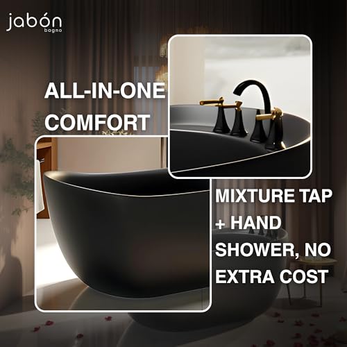 Image of MOON Freestanding Bathtub 150 cm - Black Matt Acrylic Soaking Tub with Hand Shower & Water Mixer, 6-Layer Reinforced Standalone Bath Tub, Premium Matt Finish