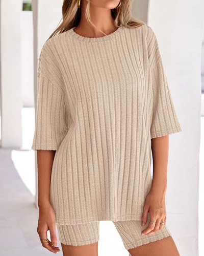 Image of KIRUNDO Short Sets For Women Summer 2 Piece Matching Lounge Sets Casual Rib Knit Tshirts Biker Shorts Beach Vacation Outfits
