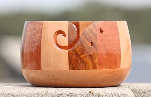 Image of Wooden Yarn Storage Bowl With Carved Holes & Drills, Wooden Knitting Yarn Bowl Handcrafted, Wooden Yarn Storage Bowl Yarn Holder Best Gift Idea for Knitters (Large)