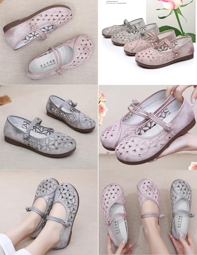 Women's Summer Mary Jane Ballet Flats,Lightweight Comfort Round Toe Flowers Embroidered Dress Casual Canvas Shoes3