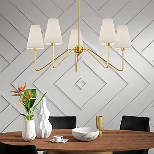 Electro-bp30-Dia-5-Arm-Classic-Chandeliers-Polished-Gold-with-White-Linen-ShadesCeiling-Light-Fixture-for-Dining-RoomLiving-RoomEntrywayE12200W