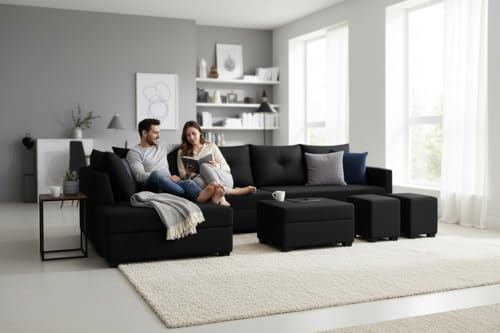 Image of SOCOZI Oriana 8 Seater LHS L Shape Sofa Set | Velvet Suede Fabric L Shape Sofa for Livingroom with 2 Ottoman & Centre Table | (Black)