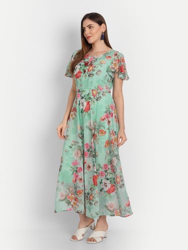 Image of Women's Floral Printed Georgette Standard Regular Fit and Flare Casual Knee Length Western Dress